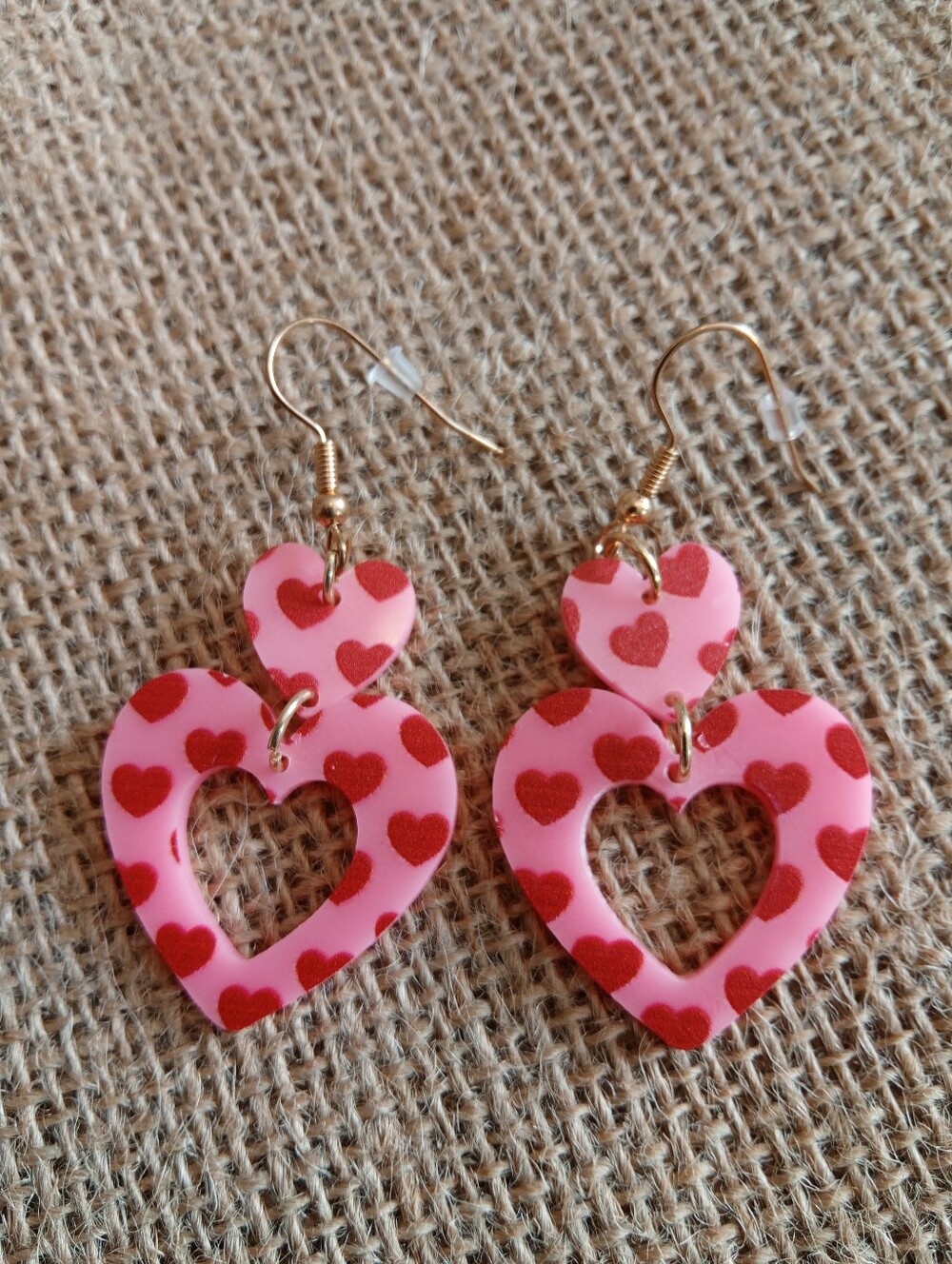 Pink Heart Dangle Earrings with Red Hearts - Women Jewelry